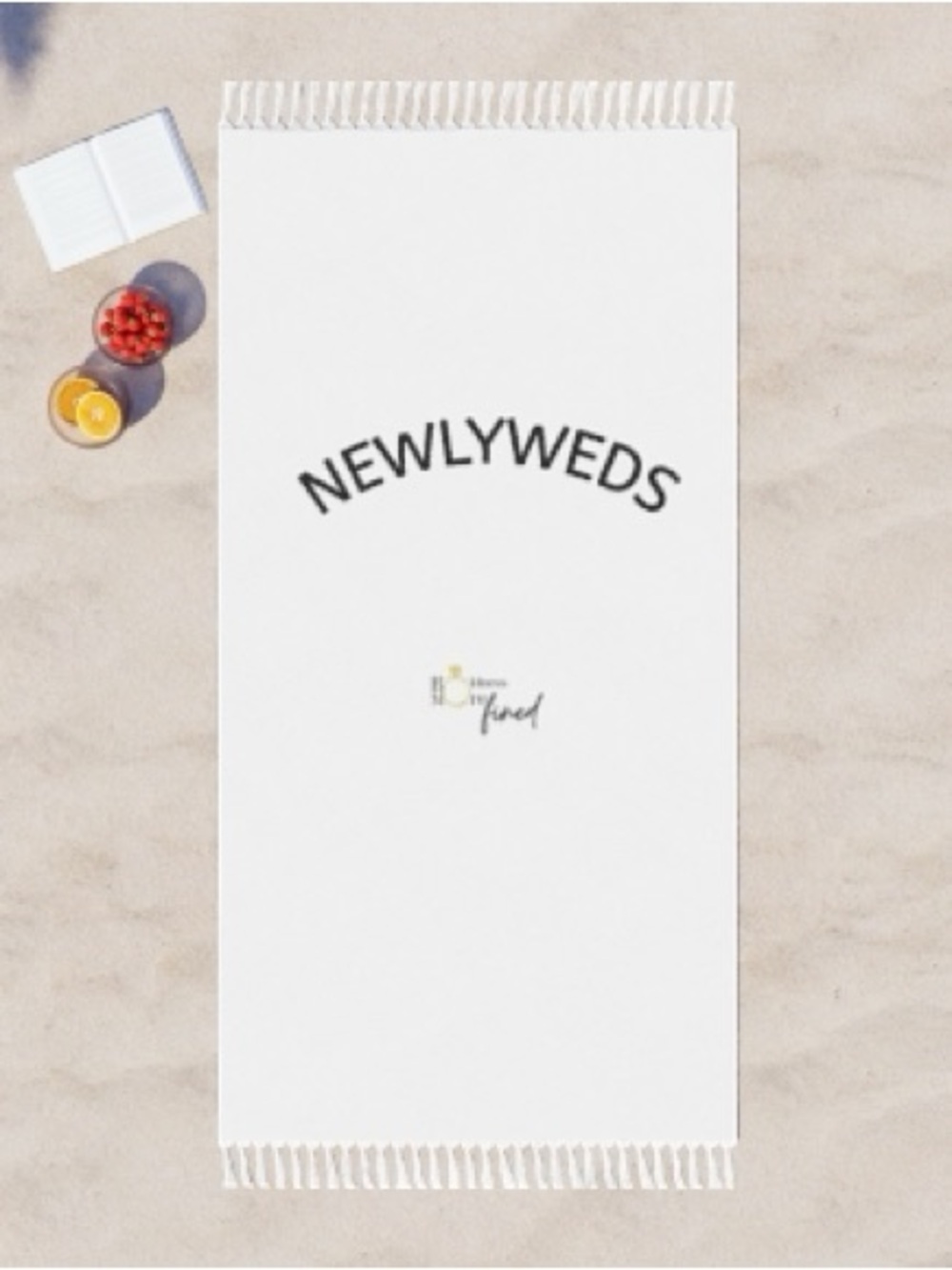 NEWLYWEDS White Beach Towel with Black Text
